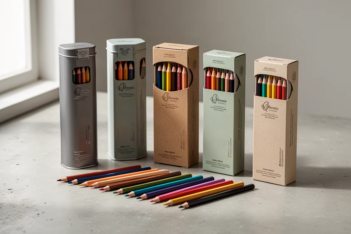 Six budget colored pencil sets with loose sharpened pencils on a concrete surface