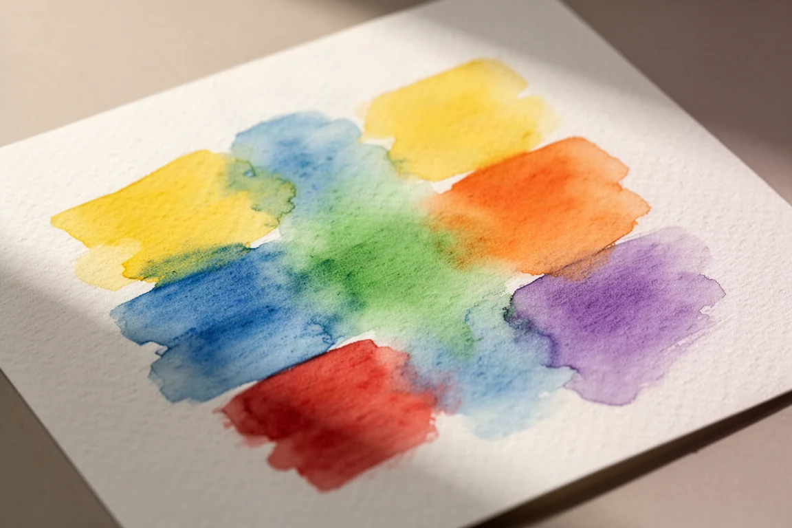 Verblendtest mit gelben, roten und blauen Stiften, die auf strukturiertem Papier zu Orange und Violett verschmelzen