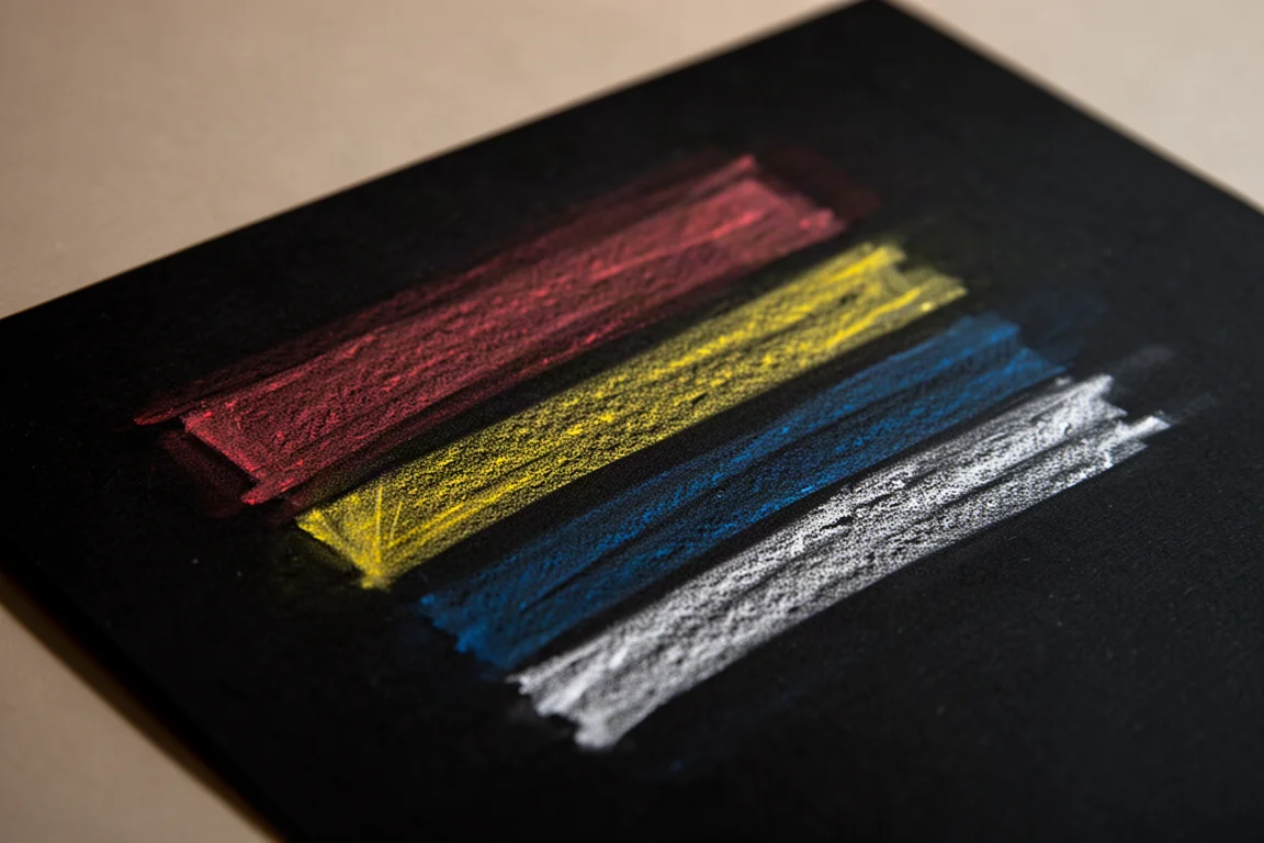 Transparente Farbstriche von Buntstiften auf schwarzem Papier, bei denen die Papierfarbe durchscheint