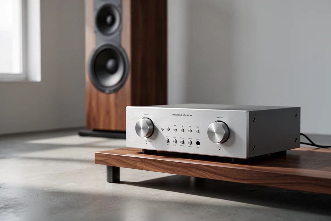 Compact silver integrated amplifier with two rotary knobs on a walnut shelf