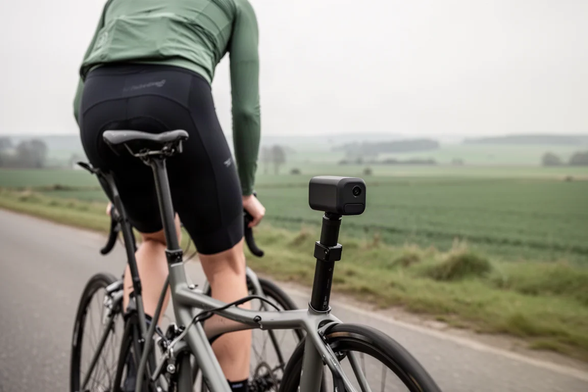 Radfahrer auf einer offenen Landstraße mit einer Radareinheit am Sattelrohr