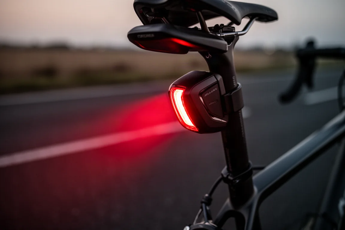 Nahaufnahme eines Radar-Rücklichts, das in der Abenddämmerung rotes Licht auf den Asphalt wirft