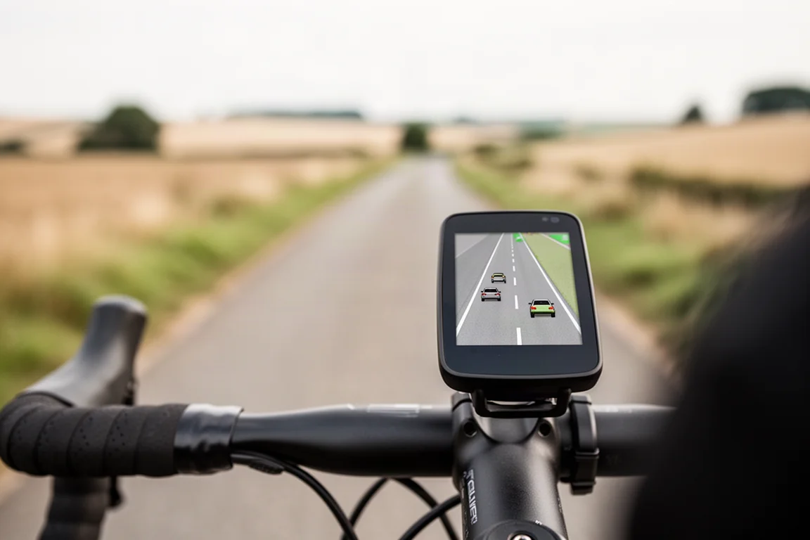 Cycling-Headunit am Lenker mit Radaranzeige und sich nähernden Fahrzeugen