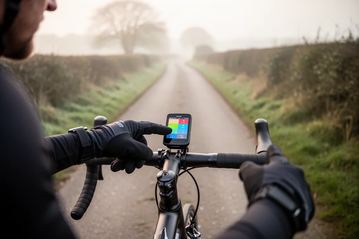 單車手在寧靜的鄉郊道路上查看安裝於車把的 GPS 碼錶