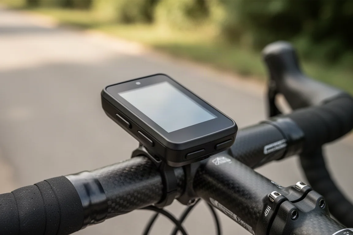 Compact GPS bike computer with colour touchscreen mounted on drop handlebars