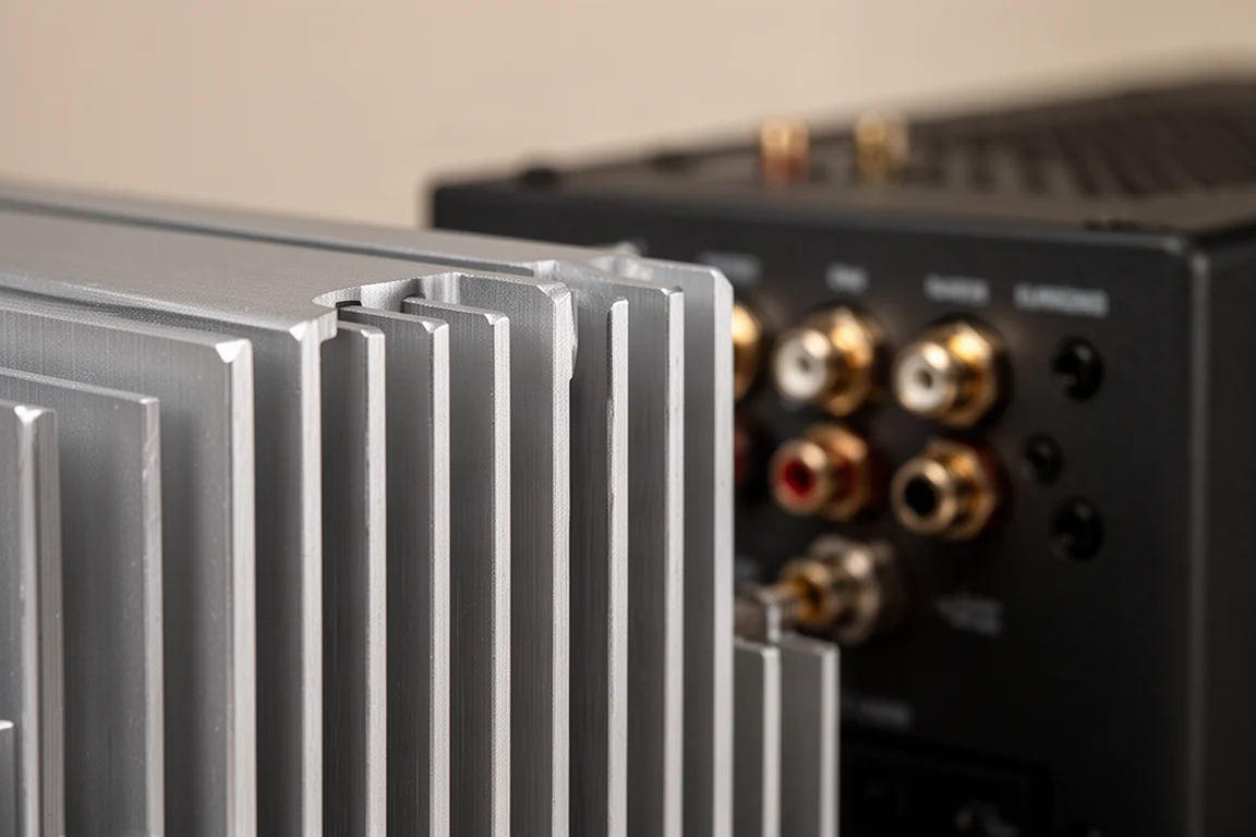 Primo piano delle alette di dissipazione verticali e di un morsetto posteriore su un amplificatore in metallo