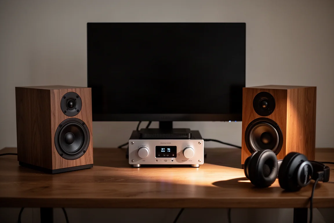 Configurazione da scrivania in nearfield con piccoli diffusori e un amplificatore a basso volume d'ascolto