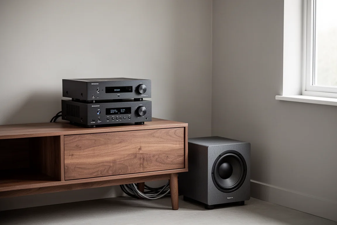 Compatto stack hi-fi con un subwoofer nell'angolo di una piccola stanza
