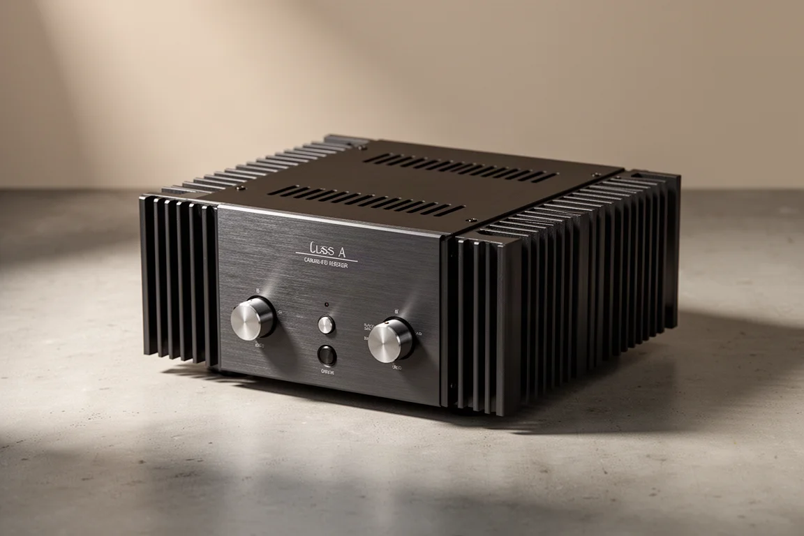 Compact dark metal Class A amplifier with side heatsink fins on a matte concrete surface