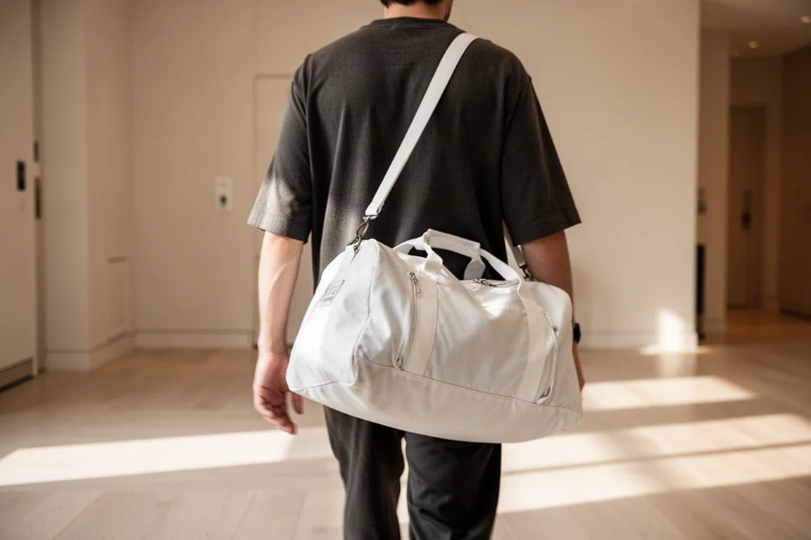 旅客以肩帶揹起白色旅行袋走過酒店大堂