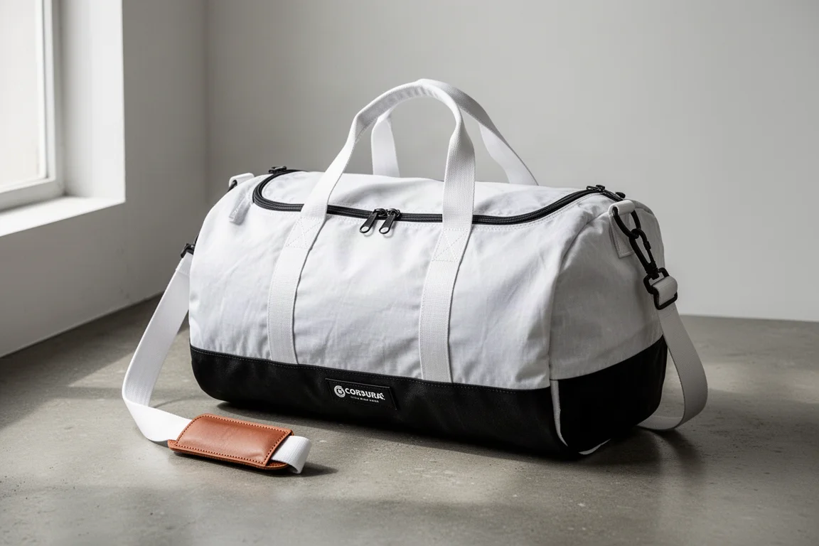 White lightweight 34L duffel bag with black base panel and shoulder strap