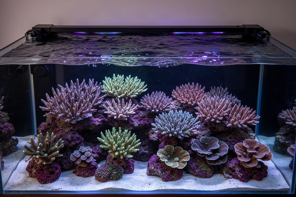 Acquario di barriera visto dall'alto con colonie di coralli che brillano sotto illuminazione blu