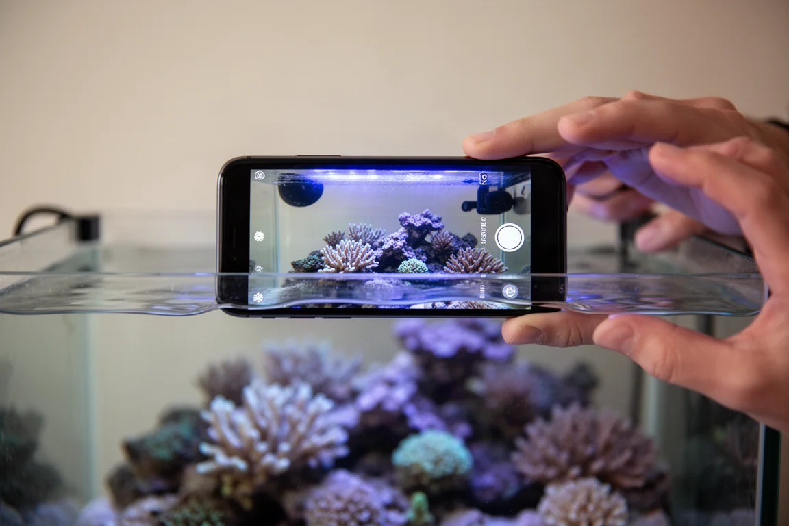 Hobbista che fotografa un acquario di barriera dall'alto con uno smartphone sulla superficie dell'acqua