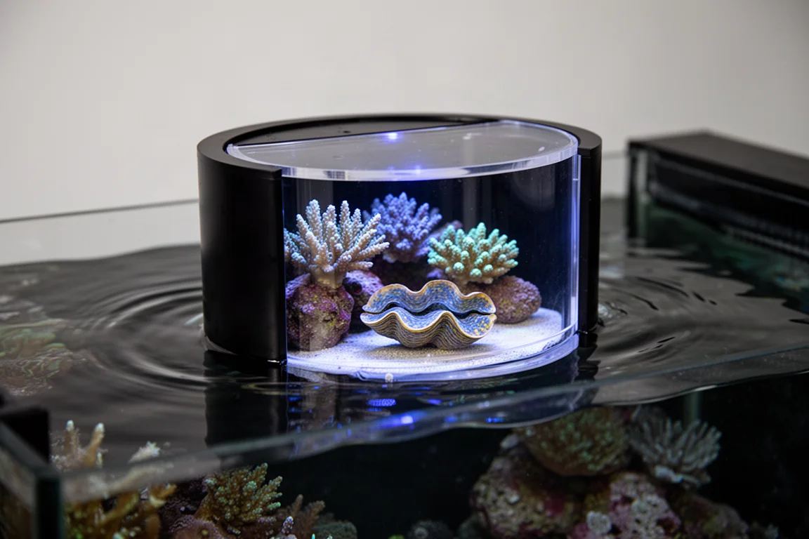 青い照明に照らされたサンゴの上、リーフアクアリウムの水面に浮かぶアクリル製コーラルビューアー