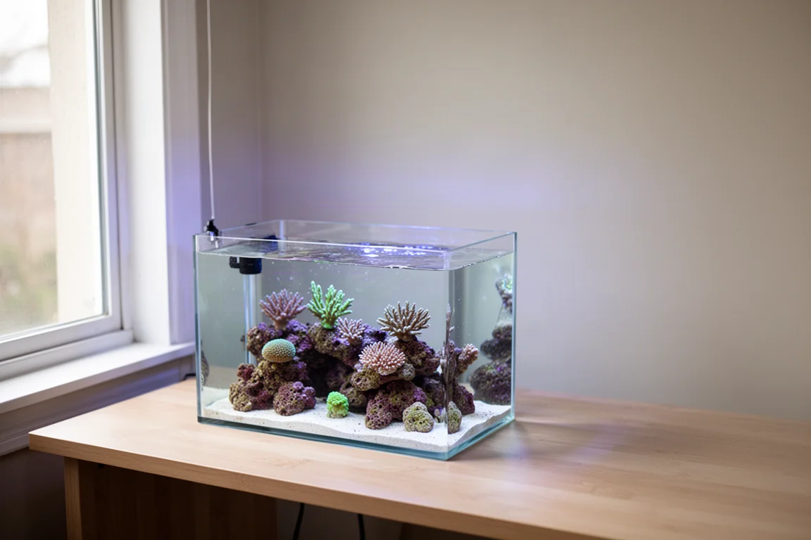 Pequeño nano acuario de arrecife sin marco sobre un escritorio de madera con luz natural suave