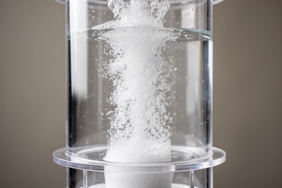 Primer plano de espuma blanca fina ascendiendo dentro del cuerpo de un skimmer de proteínas