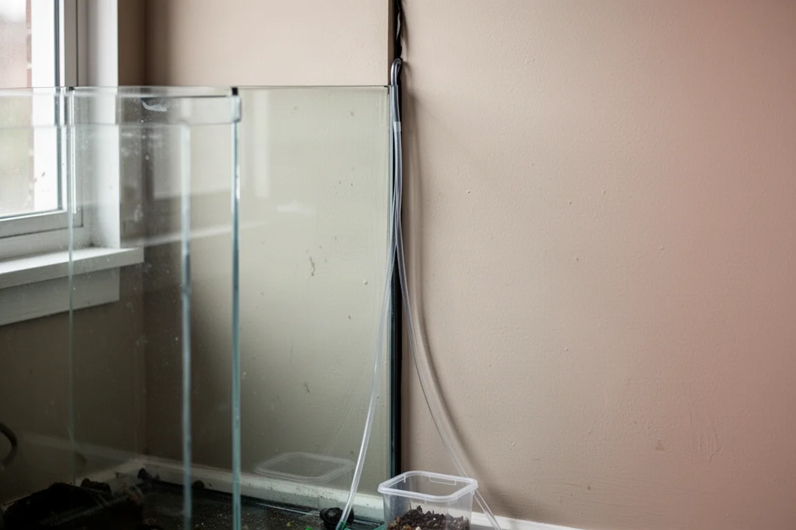 Espacio estrecho entre la parte trasera de un nano acuario y una pared