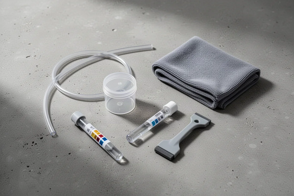 Vista cenital de accesorios de mantenimiento para nano arrecife sobre una superficie de hormigón