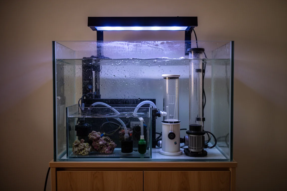 Compacte rifaquariumkast in de schemering met een slanke afschuimer in een kleine sumpkamer