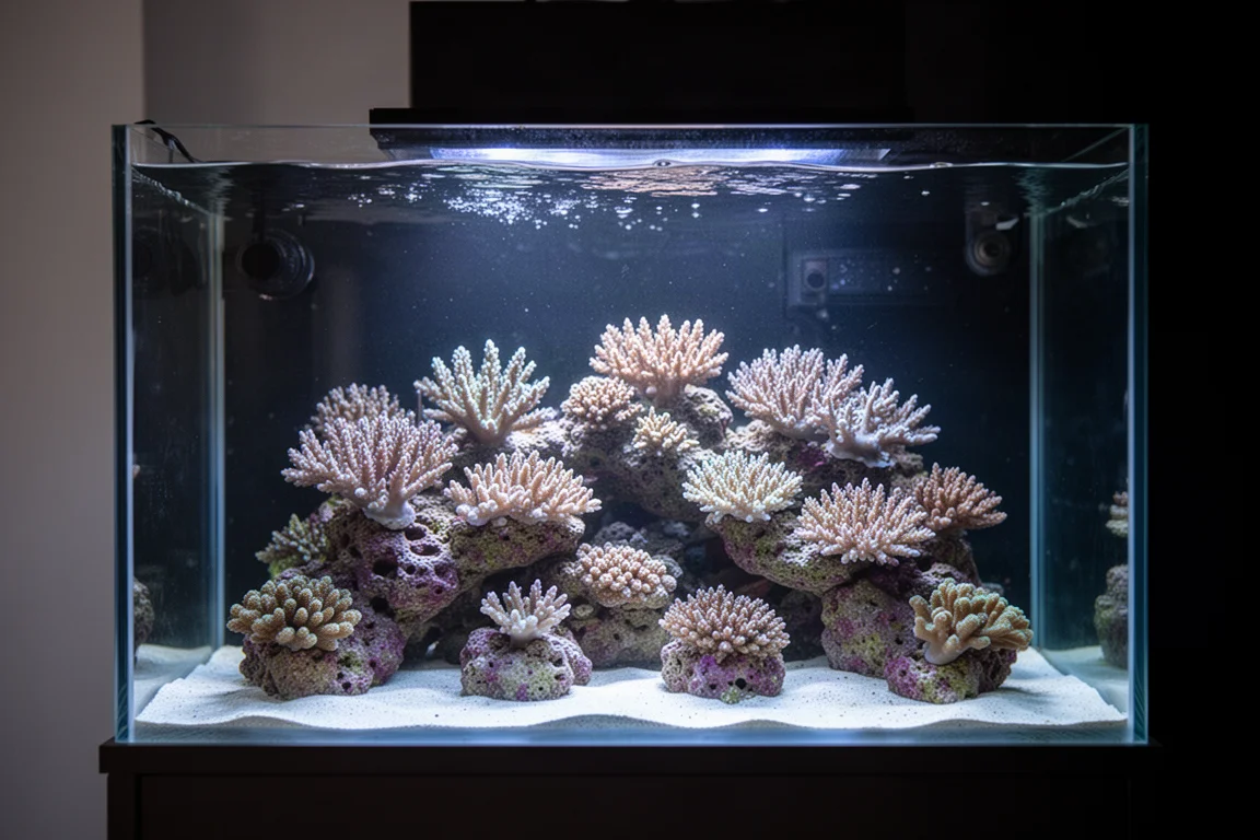 Gezond klein rifaquarium met koraal en levend steen onder zacht blauw licht