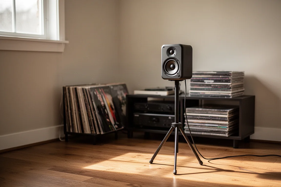 Altavoz activo compacto sobre un soporte de trípode en una sala de escucha pequeña