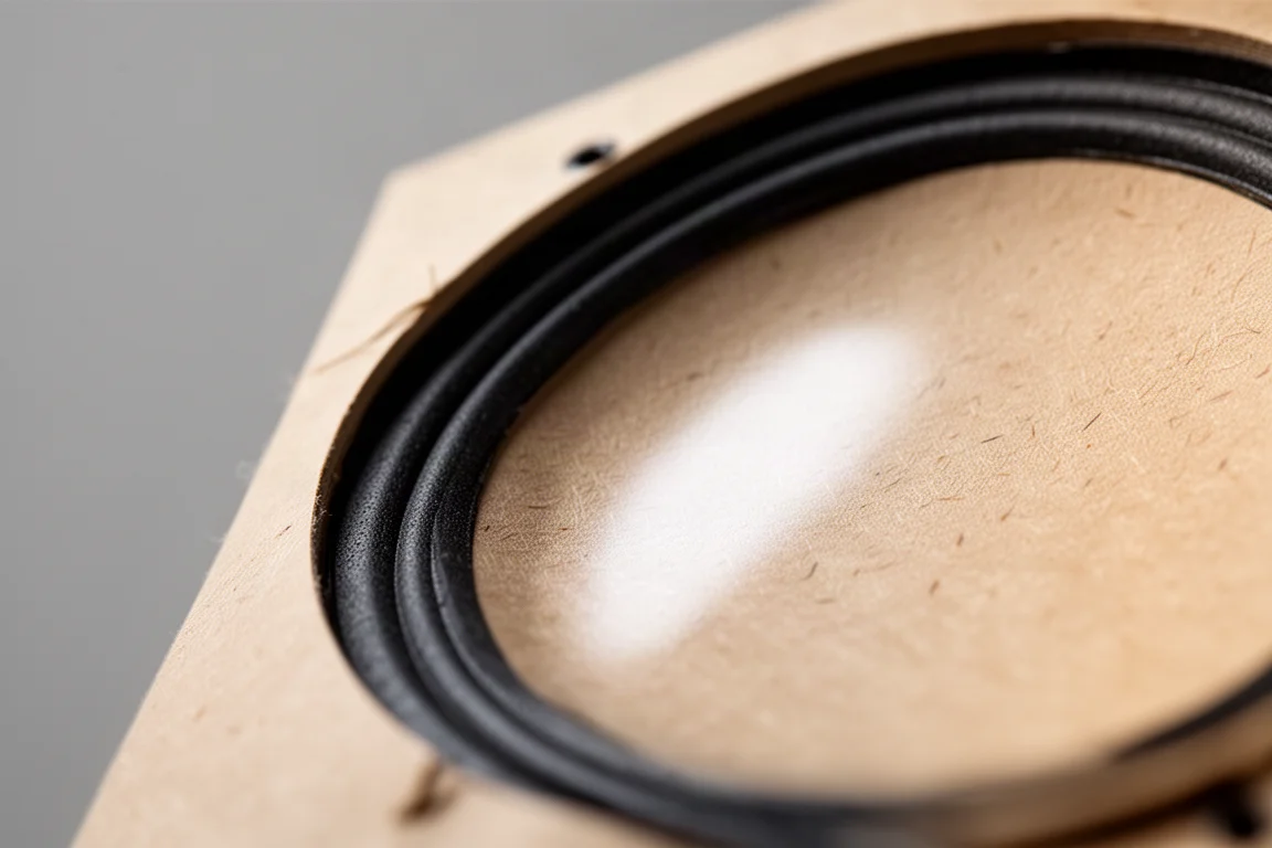 Primer plano de un woofer de cono de papel y su suspensión bajo luz suave