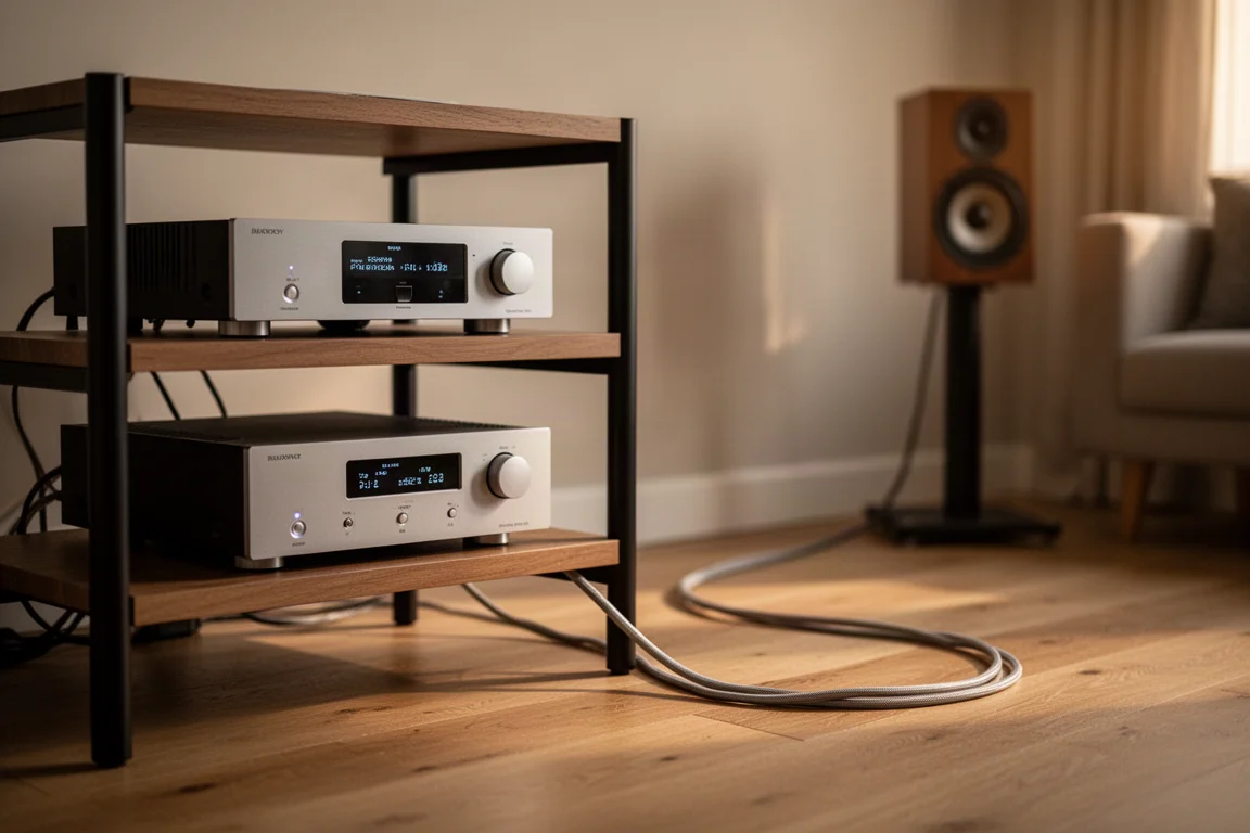 Amplificador de potencia en un rack de alta fidelidad con cable de altavoz en suelo de madera