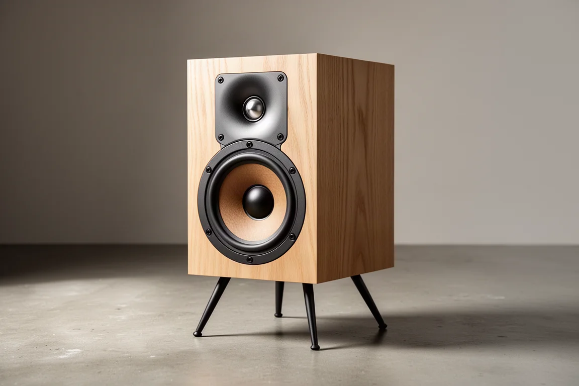 Compact active speaker with pale ash cabinet and aluminium waveguide