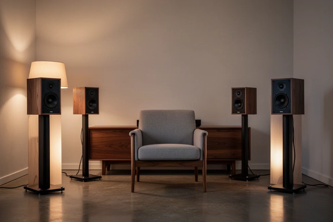 Compacte luisterruimte met twee kleine speakers naar binnen gedraaid naar een lege fauteuil in de schemering