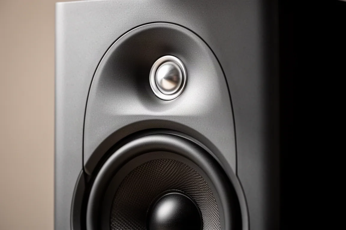 Macrodetail van een speakerbaffle met een domed tweeter in een waveguide boven een midwoofer