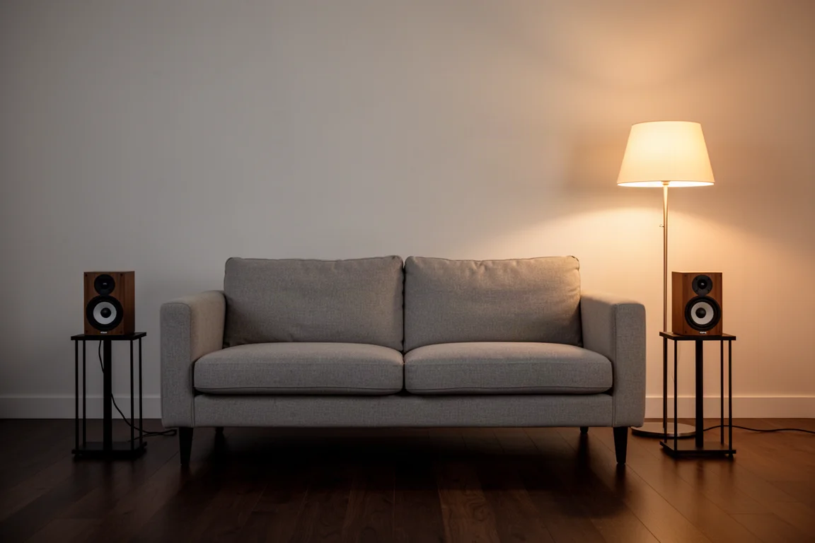 Woonkamer bij nacht met twee kleine speakers op stands aan weerszijden van een lege bank