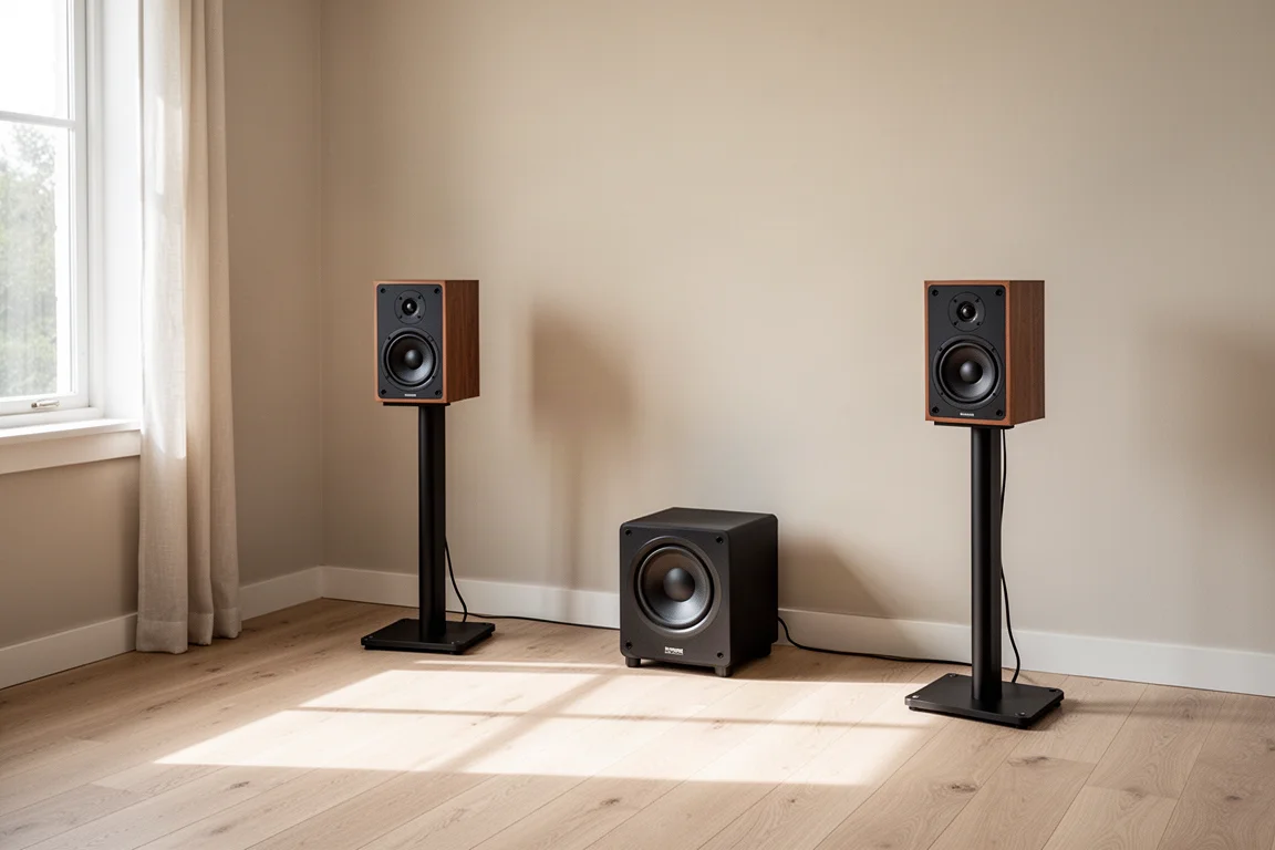 Compacte speakers op stands naar buiten gericht met een subwoofer op de vloer ertussen