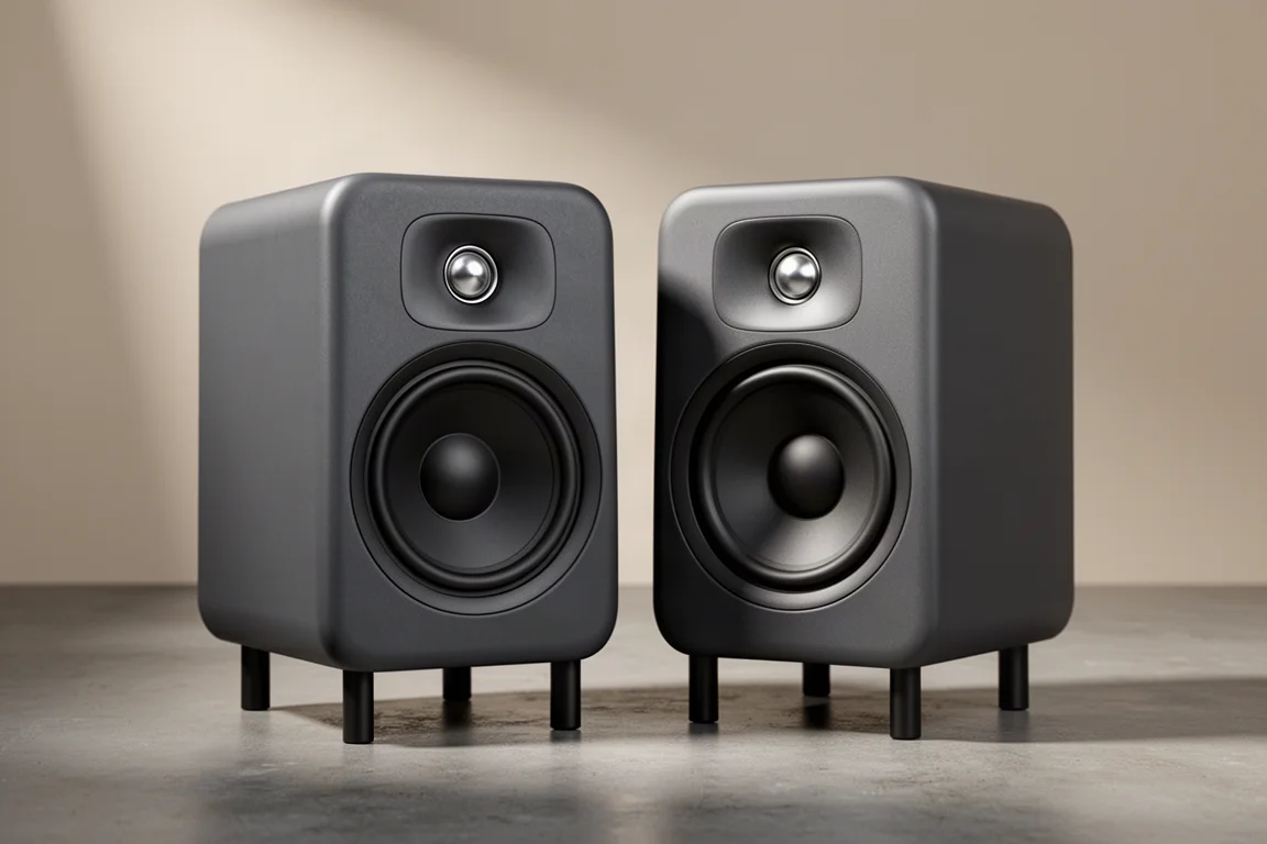 Pair of compact powered bookshelf speakers on stands in a minimal listening room