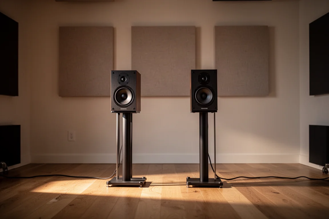 Paar compacte boekenplankspeakers op stands in een zacht verlichte, akoestisch behandelde luisterruimte