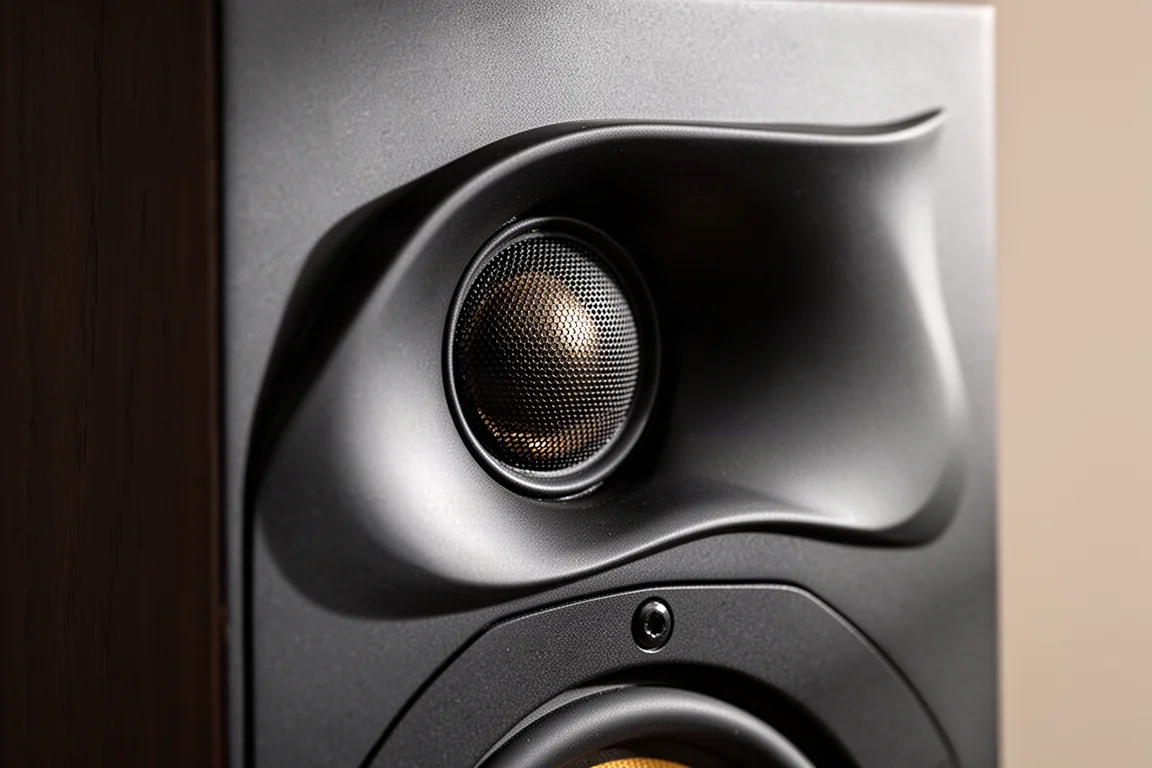 Close-up van een kleine dome-tweeter in een gevormde waveguide op een donker speakerfront