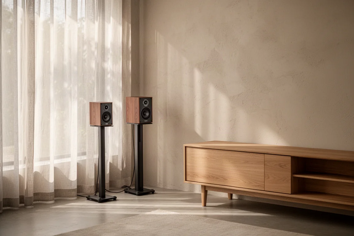 Compact speakerpaar op stands bij een gestucte muur in een woonkamer in het middaglicht