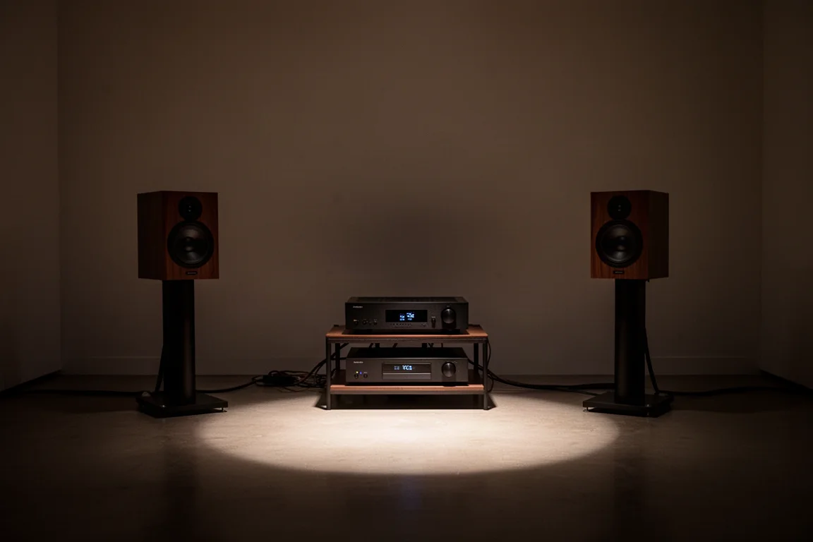 Sfeervol verlichte avondluisterruimte met kleine speakers aan weerszijden van een laag hifi-rack