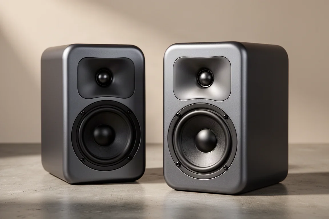 Pair of compact dark grey bookshelf speakers with waveguide tweeters on a concrete surface