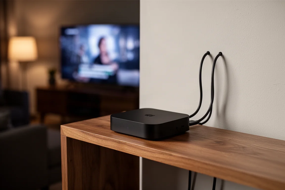 Kompaktowy hub streamingowy na dębowej półce z kablami i rozmytym telewizorem w tle