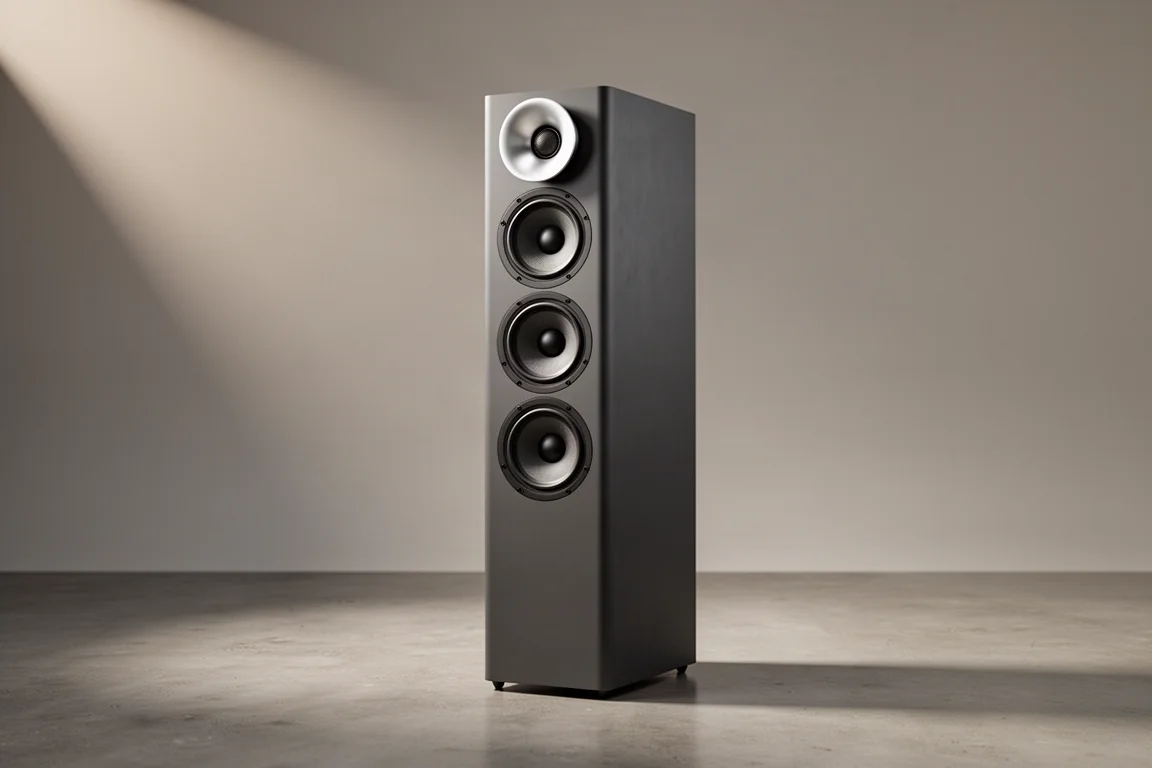 Tall matte charcoal active floorstanding loudspeaker with aluminium waveguide on grey backdrop