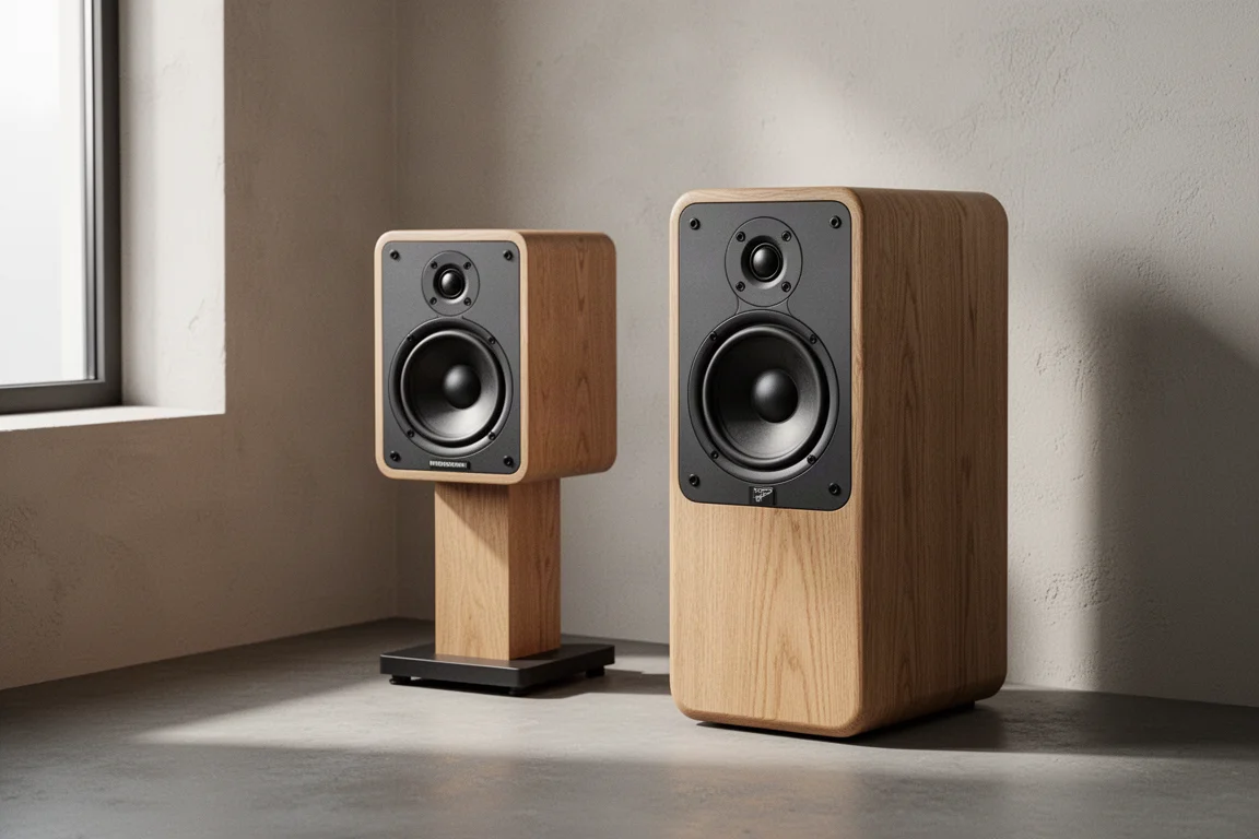 Pair of solid oak passive hi-fi speakers on stands in a bright minimal listening room