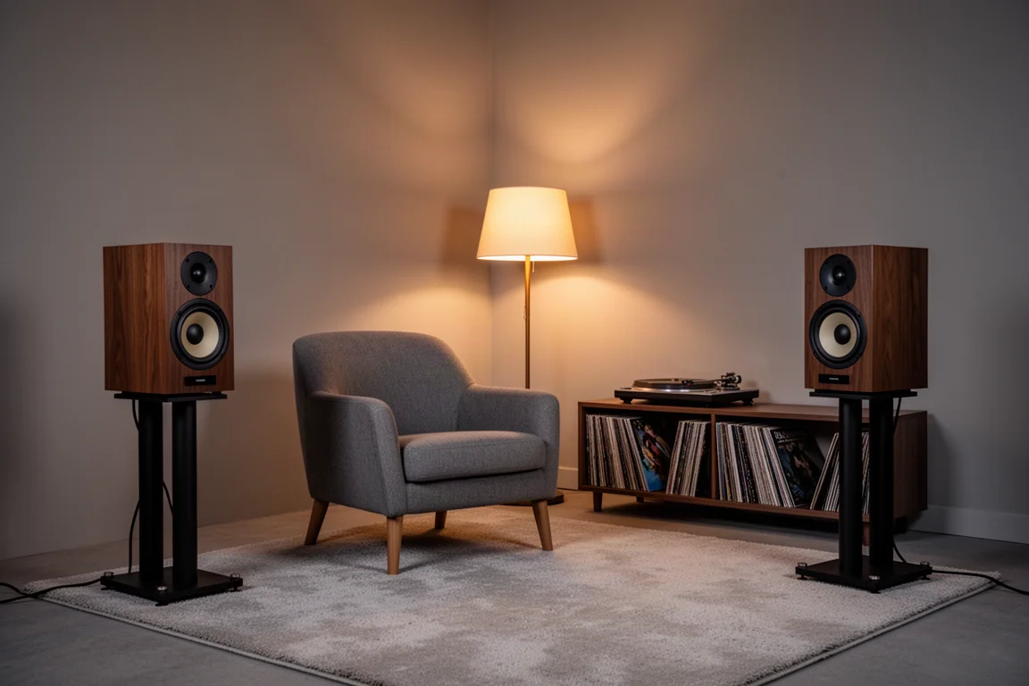 Sala de escucha pequeña al atardecer con dos altavoces de estantería compactos sobre soportes orientados hacia un sillón