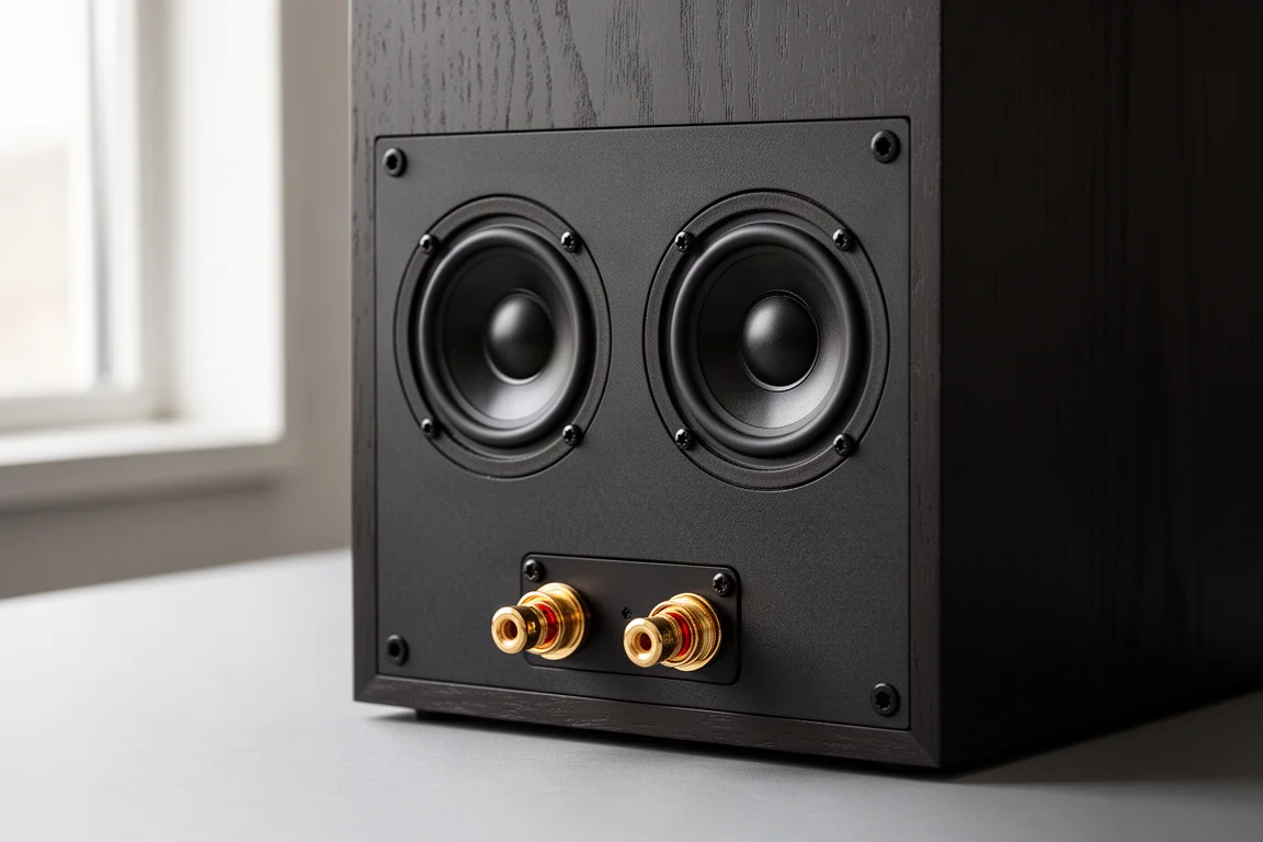 Panel trasero de un altavoz compacto que muestra dos diafragmas de radiador pasivo y bornes de conexión