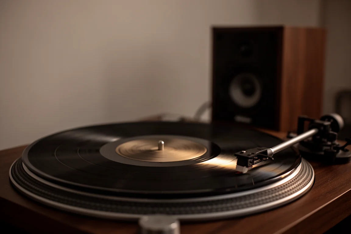 Disco de vinilo girando en un tocadiscos en una sala de escucha con poca luz y un altavoz desenfocado detrás