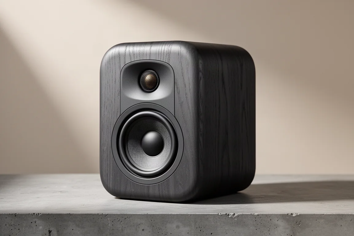 Compact bookshelf speaker in matte dark wood finish on a concrete surface