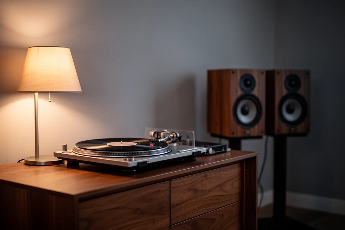 Softly lit listening room at dusk with a spinning turntable and wood-finished speakers in the background