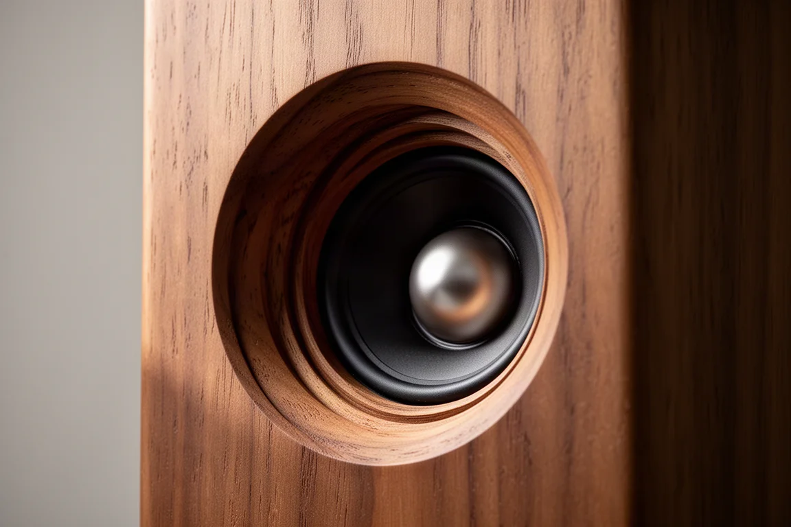 Macro view of a circular waveguide machined into a solid wood speaker baffle around a soft dome tweeter
