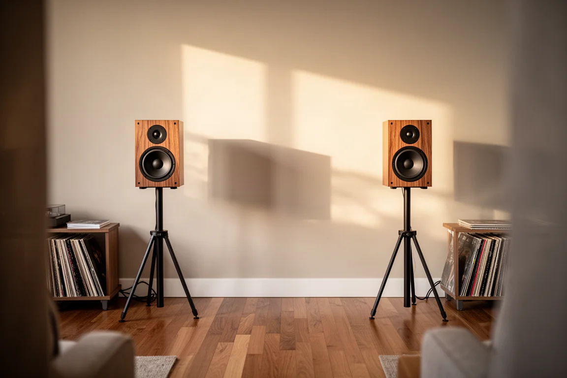 Living room listening setup seen from the seated position with two speakers on tripod stands