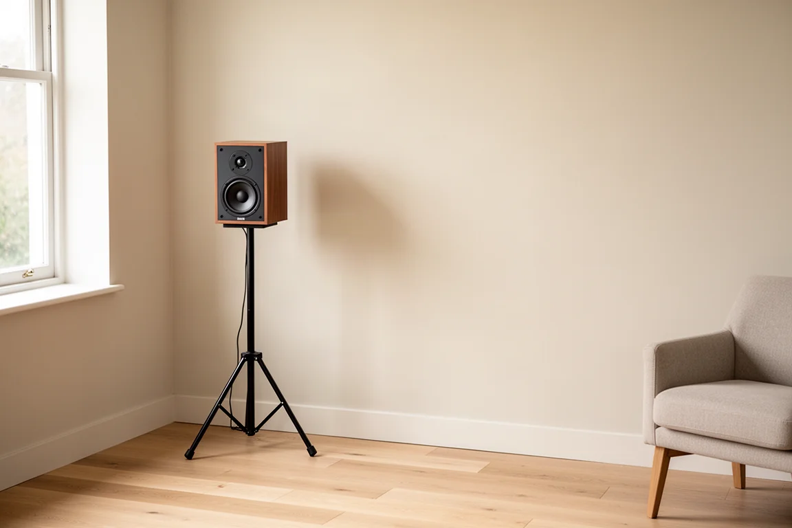 Compact speaker on a tripod stand placed close to a plain painted wall in a bright room