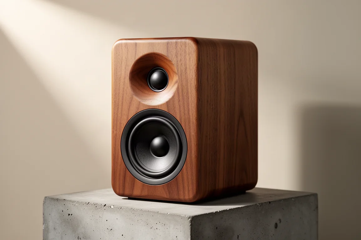 Solid wood stand-mount loudspeaker with a machined waveguide on a matte concrete plinth